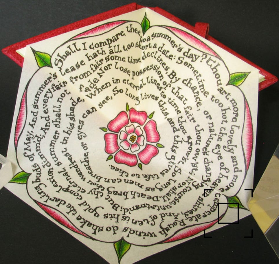 Sonnet XVIII parchment hexagon open view.